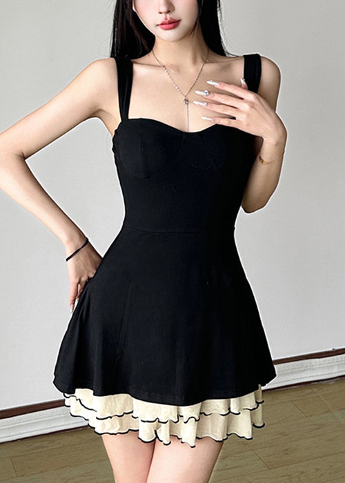 Black Patchwork Strap Tulle Cotton New Solid Spaghetti Dresses