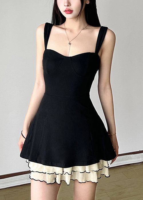 Black Patchwork Strap Tulle Cotton New Solid Spaghetti Dresses