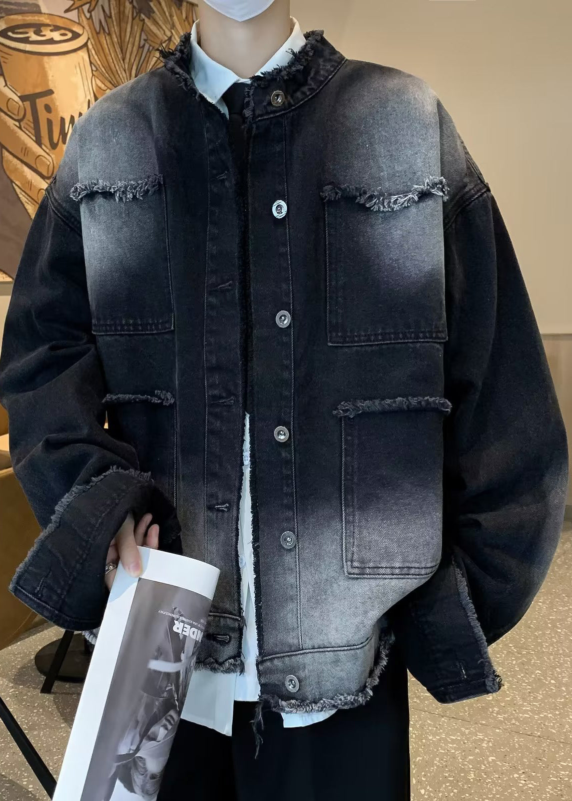 New Black Stand Collar Button Pockets Denim Mens Coat Spring TC037