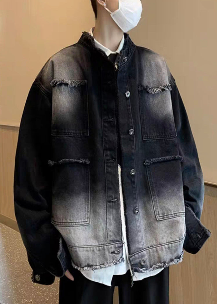 New Black Stand Collar Button Pockets Denim Mens Coat Spring TC037