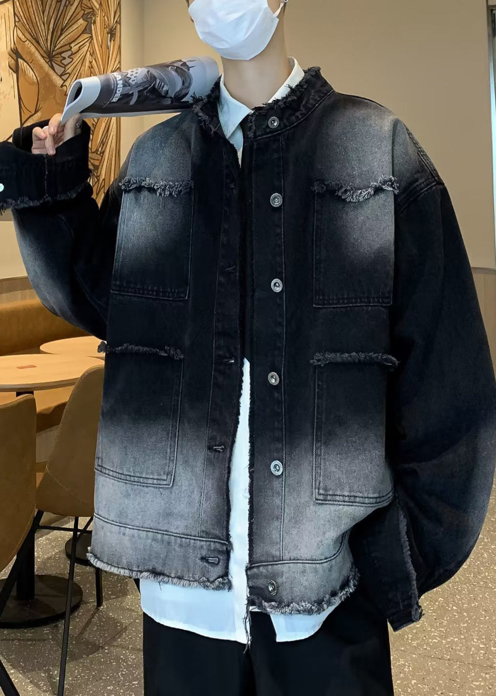 New Black Stand Collar Button Pockets Denim Mens Coat Spring TC037