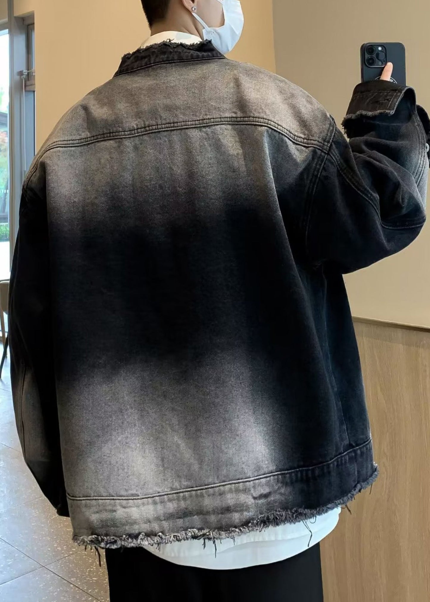 New Black Stand Collar Button Pockets Denim Mens Coat Spring TC037