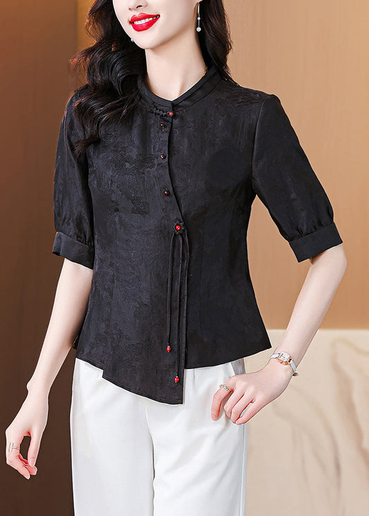 New Black Stand Collar Button Silk Shirt Half Sleeve OP1076