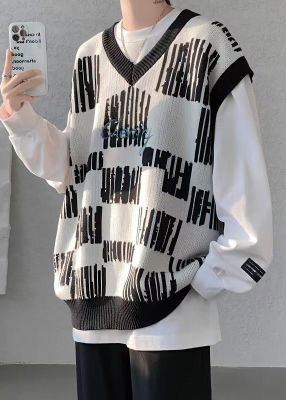New Black V Neck Cozy Patchwork Knit Mens Vest Sleeveless RJ030