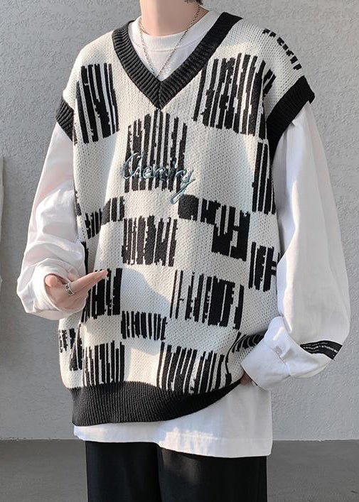 New Black V Neck Cozy Patchwork Knit Mens Vest Sleeveless RJ030