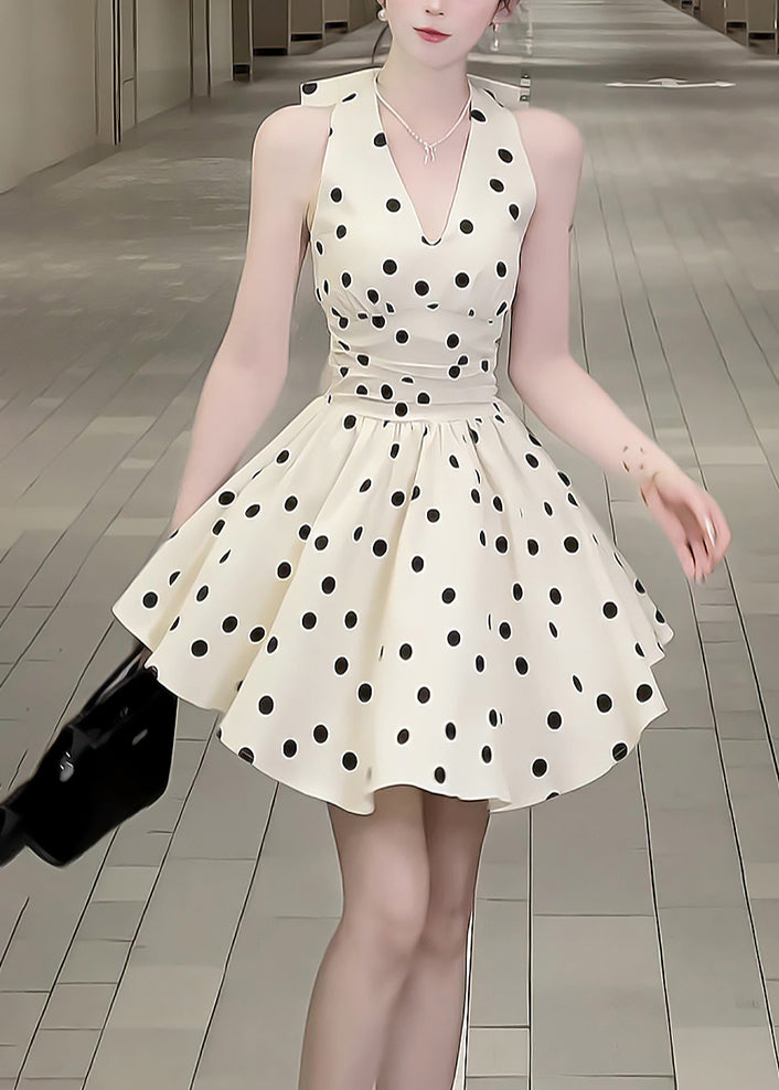 Cotton V Mid New Sleeveless Dress Neck Dot Bow Black