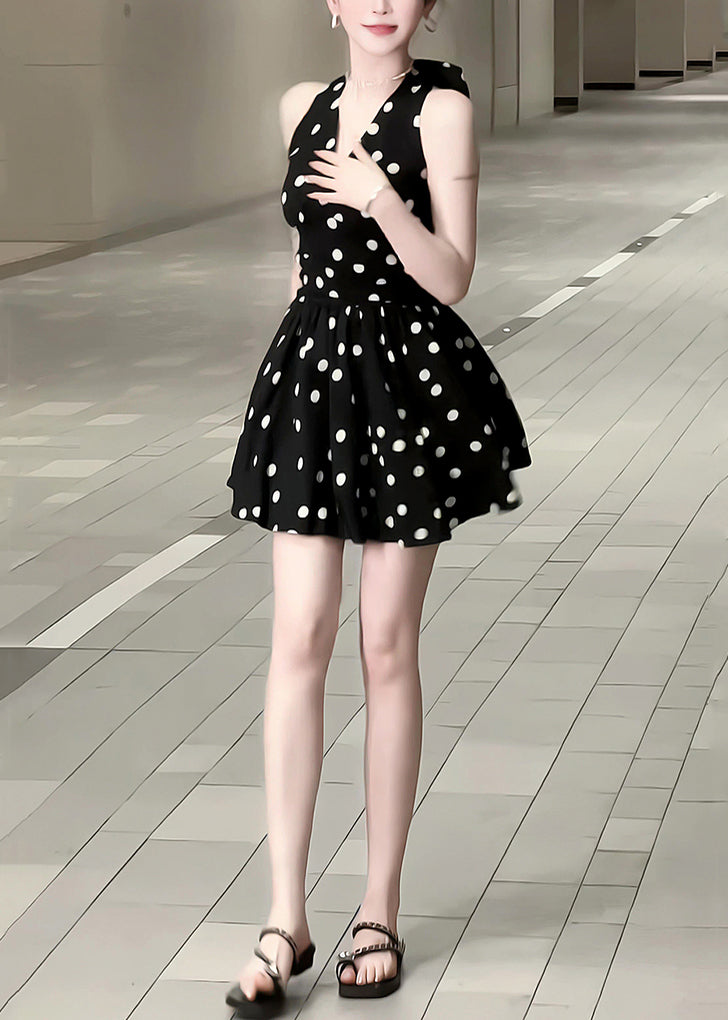 Cotton V Mid New Sleeveless Dress Neck Dot Bow Black