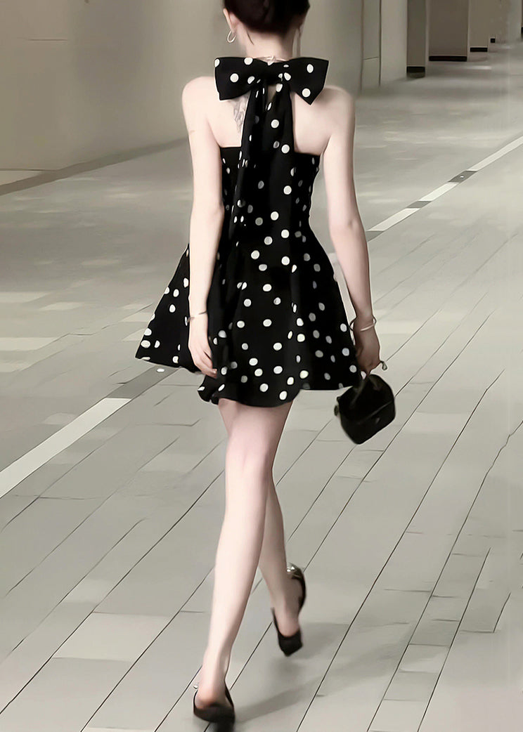 Cotton V Mid New Sleeveless Dress Neck Dot Bow Black