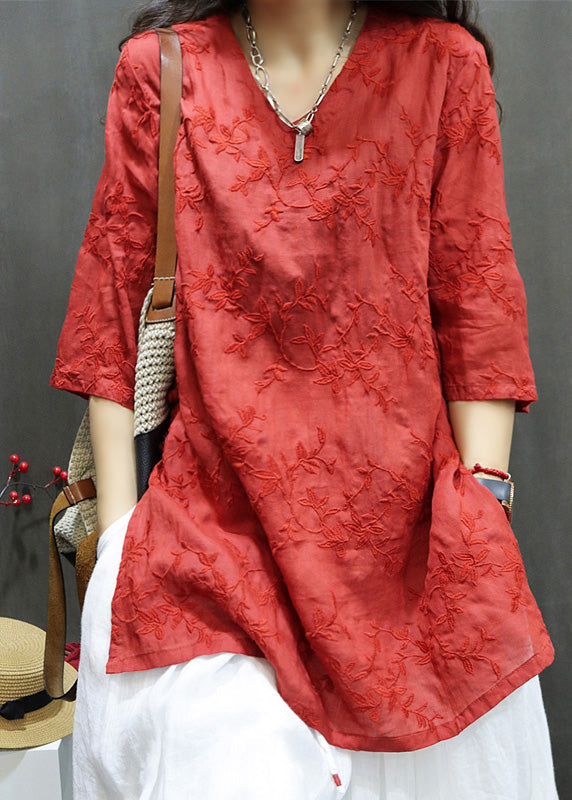 Linen New Dresses Neck Mid Embroidered Black Summer V