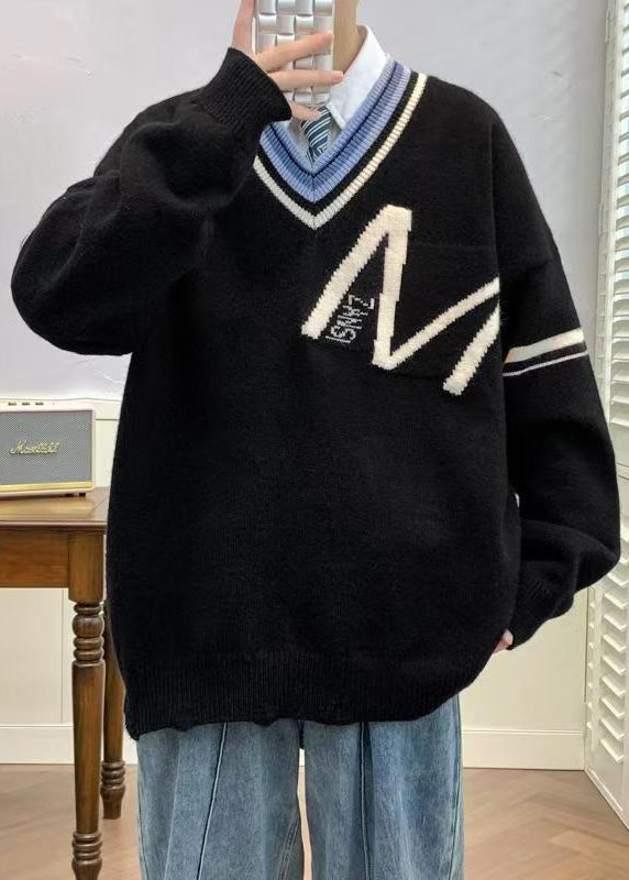 Men Sweaters Neck Black Patchwork V New Hole Knit Spring