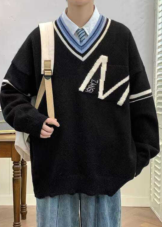 Men Sweaters Neck Black Patchwork V New Hole Knit Spring