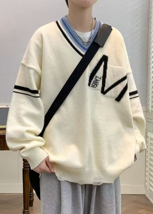 Men Sweaters Neck Black Patchwork V New Hole Knit Spring