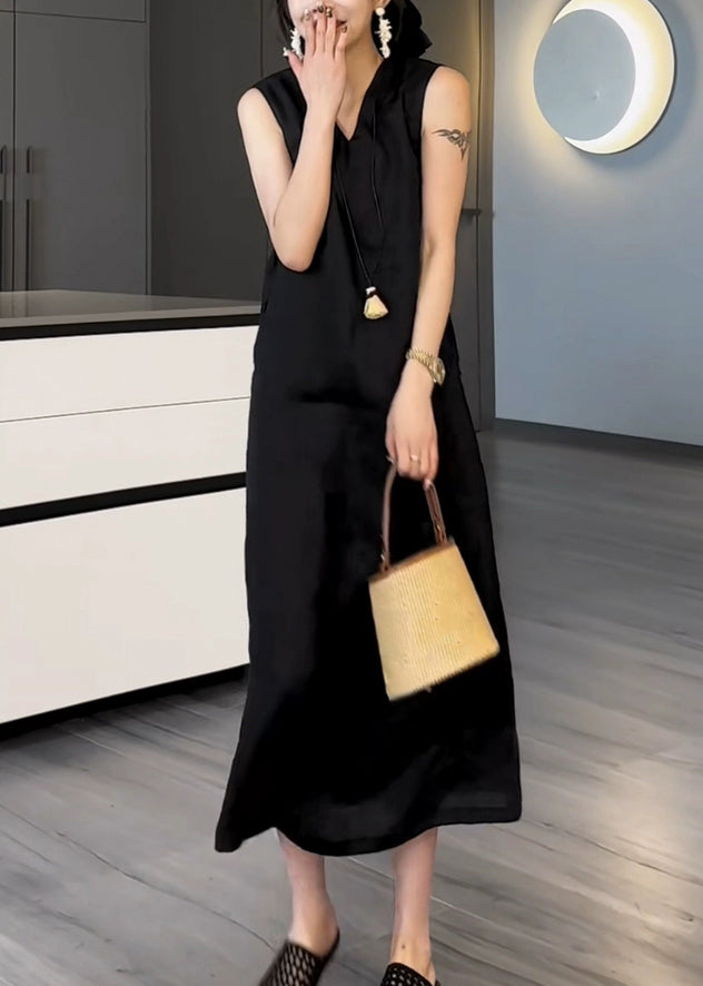 Long New Black Cotton Pockets Sleeveless Neck Dress V Solid