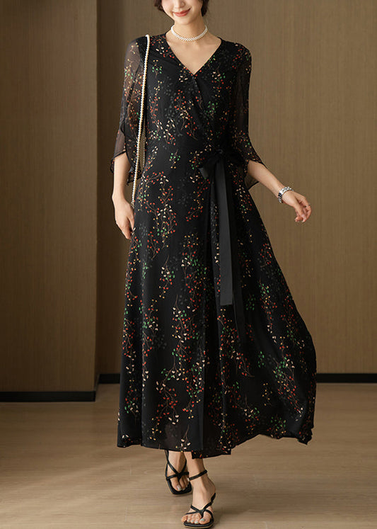 Dresses Chiffon Long V Print Black Neck Sleeve Bracelet New