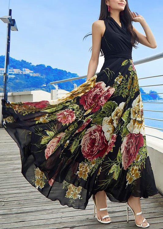 New Black V Neck Print Chiffon Long Dresses Sleeveless Ada Fashion