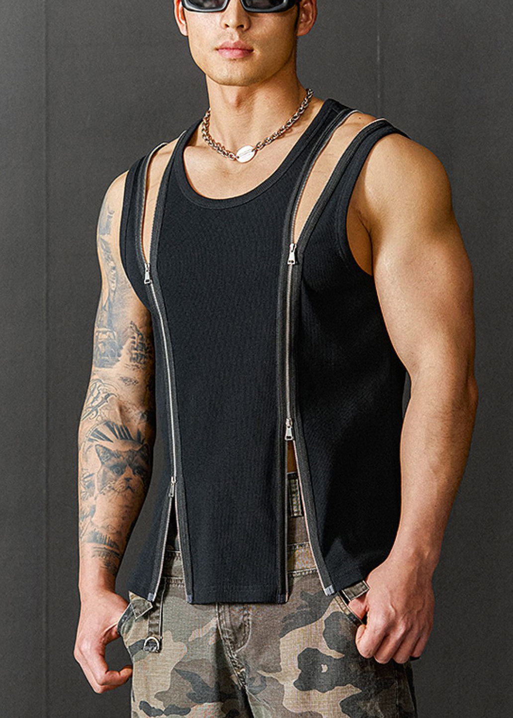 Cotton Men New Original Up Zip Tank Design Summer Black