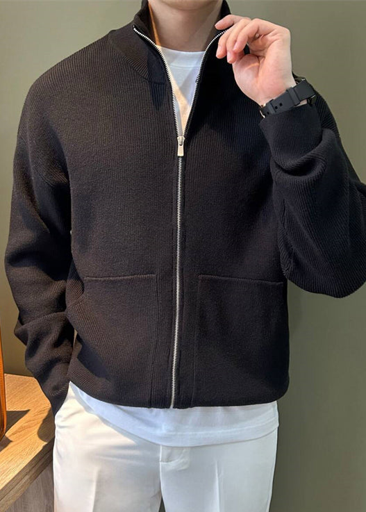 Spring Black Knit New Coats Pockets Up Zip Mens