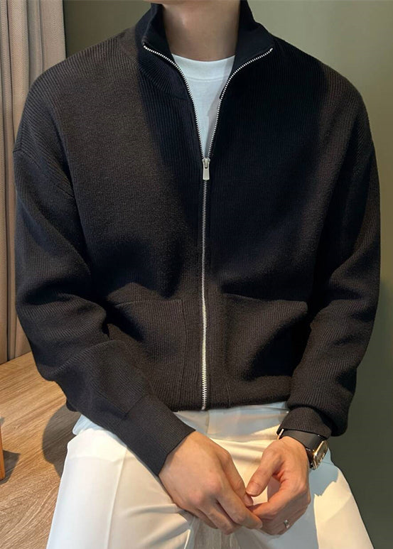 Spring Black Knit New Coats Pockets Up Zip Mens