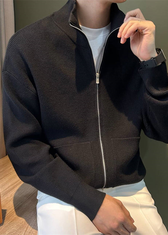 Spring Black Knit New Coats Pockets Up Zip Mens