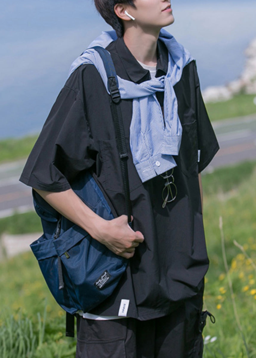 Cotton Summer Shirt Solid Men New Zip Black Up Pockets Polo