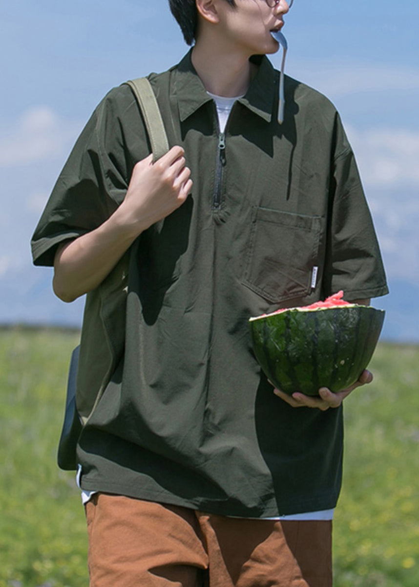 Cotton Summer Shirt Solid Men New Zip Black Up Pockets Polo