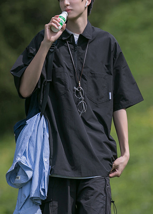 Cotton Summer Shirt Solid Men New Zip Black Up Pockets Polo