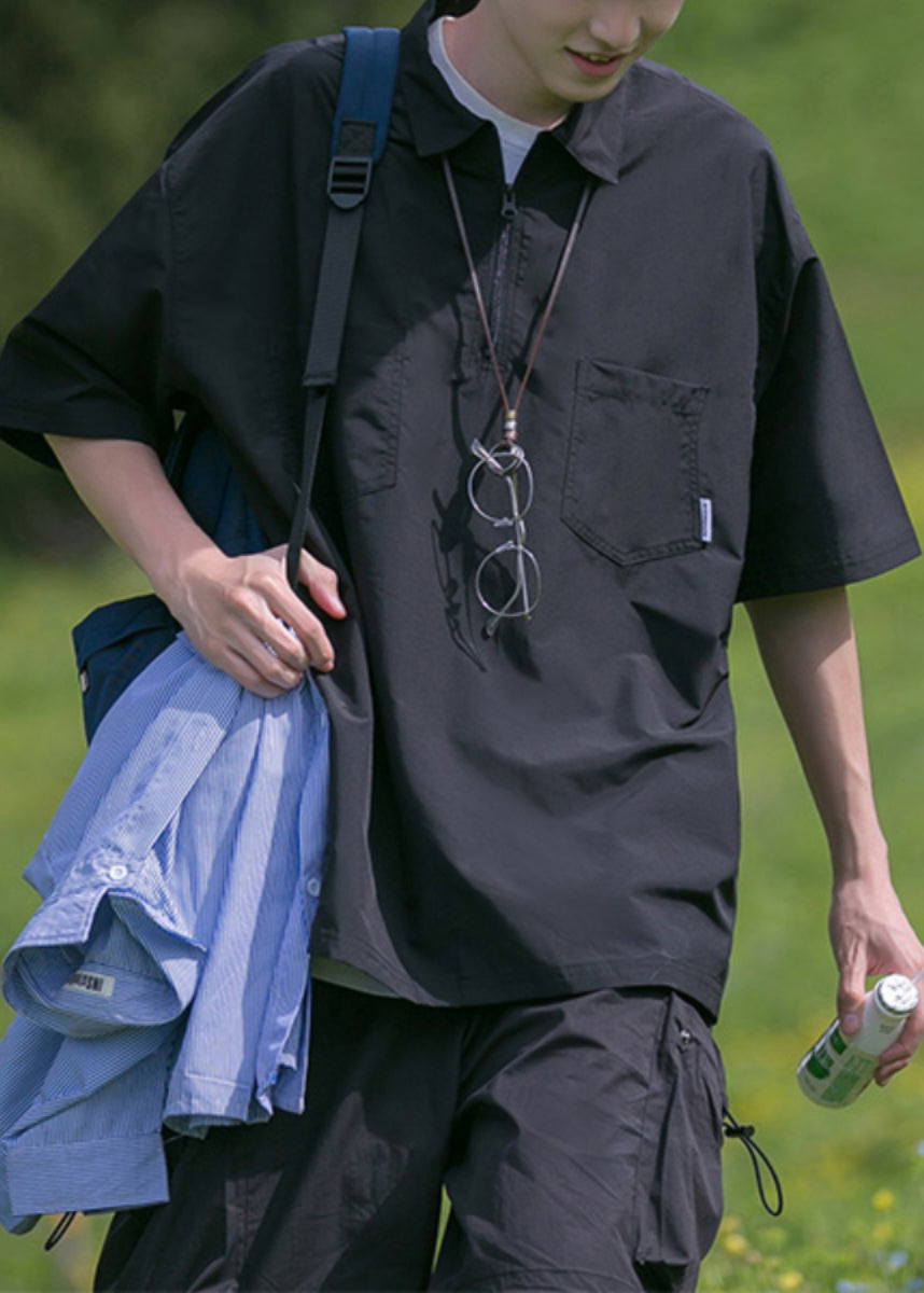 Cotton Summer Shirt Solid Men New Zip Black Up Pockets Polo