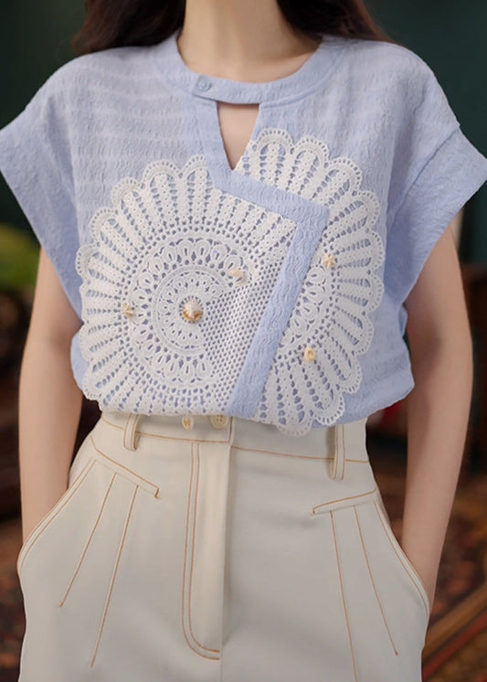 New Asymmetrical Shirt Summer Out Hollow Cotton Blue