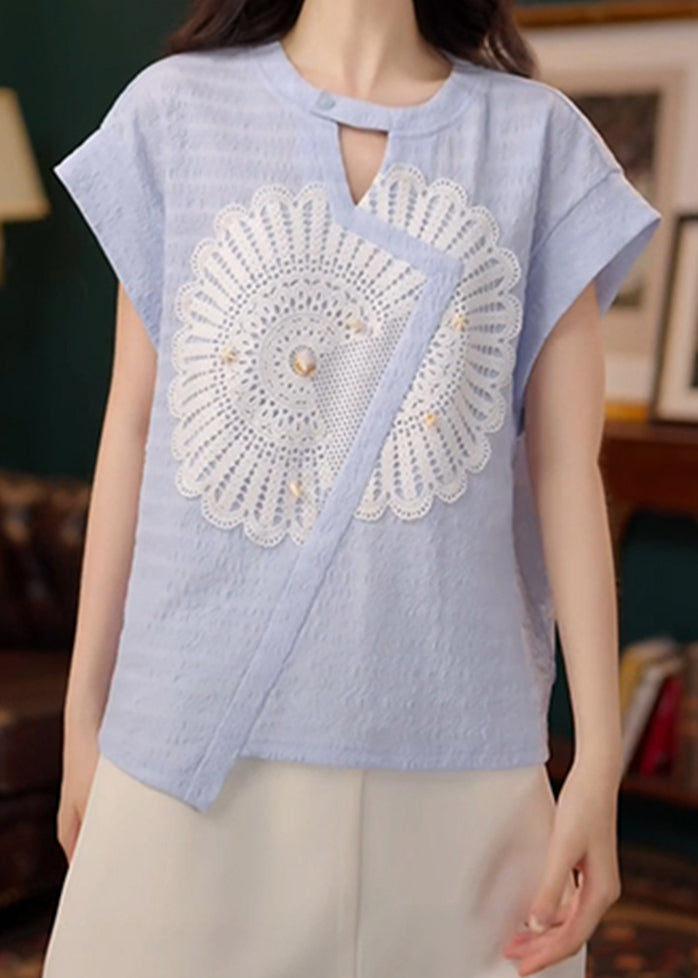 New Asymmetrical Shirt Summer Out Hollow Cotton Blue