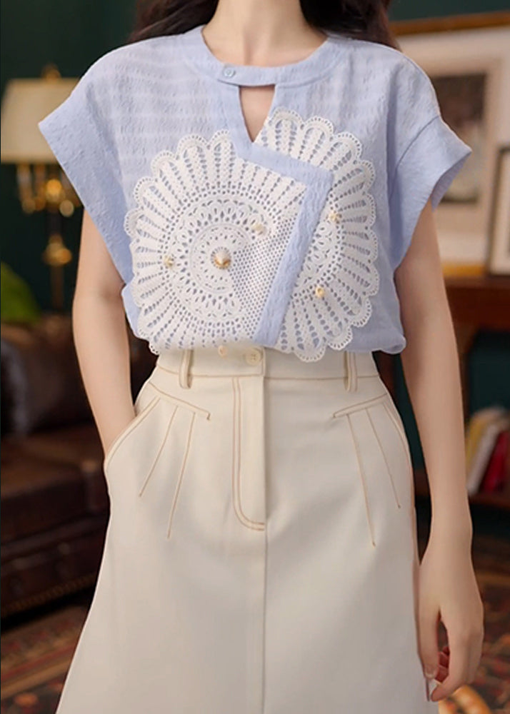 New Asymmetrical Shirt Summer Out Hollow Cotton Blue