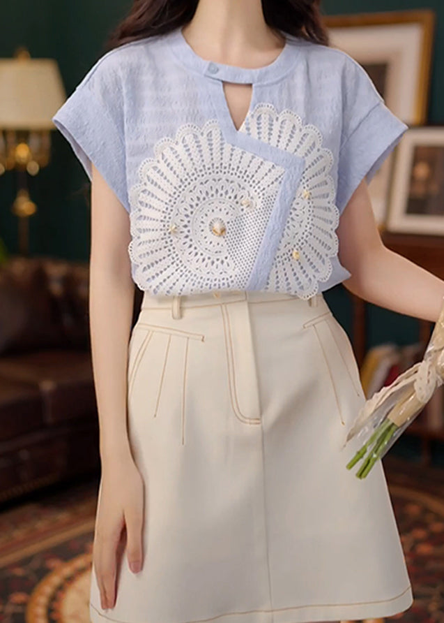 New Asymmetrical Shirt Summer Out Hollow Cotton Blue
