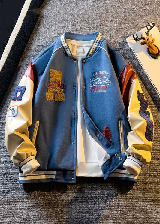 New Blue Button Faux Leather Patchwork Mens Coats Spring TC057