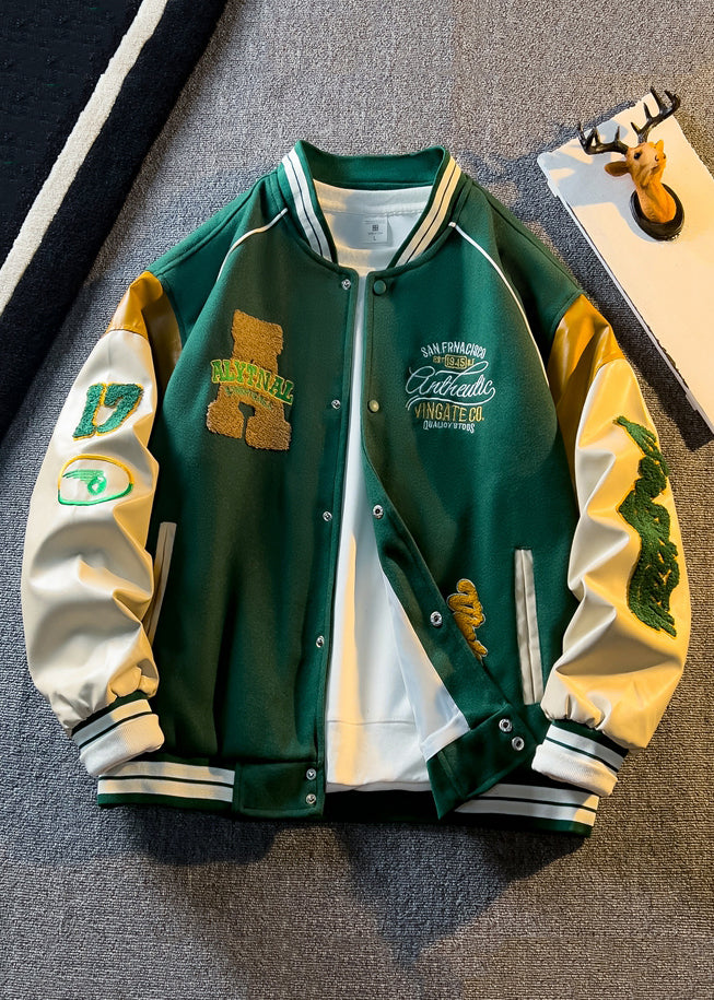 New Blue Button Faux Leather Patchwork Mens Coats Spring TC057