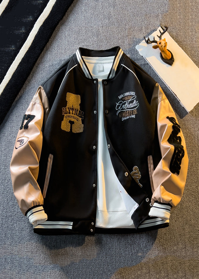 New Blue Button Faux Leather Patchwork Mens Coats Spring TC057