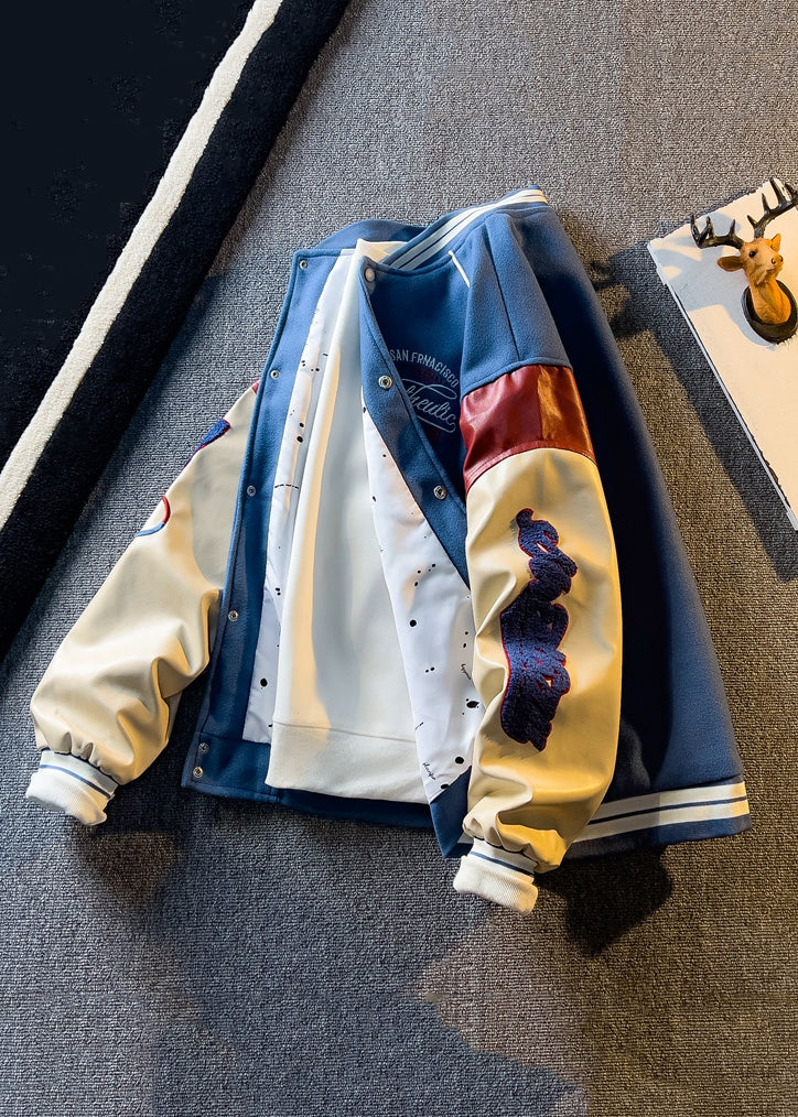 New Blue Button Faux Leather Patchwork Mens Coats Spring TC057