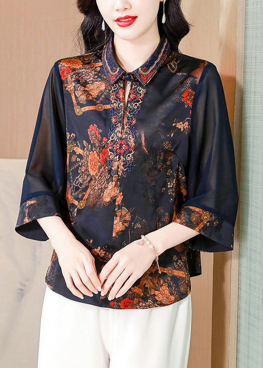 New Blue Embroidered Button Silk Shirt Bracelet Sleeve OP1068