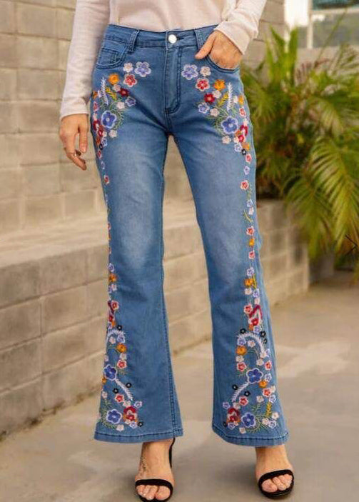 Flared Blue Embroidered Denim Spring New Waist High Trousers