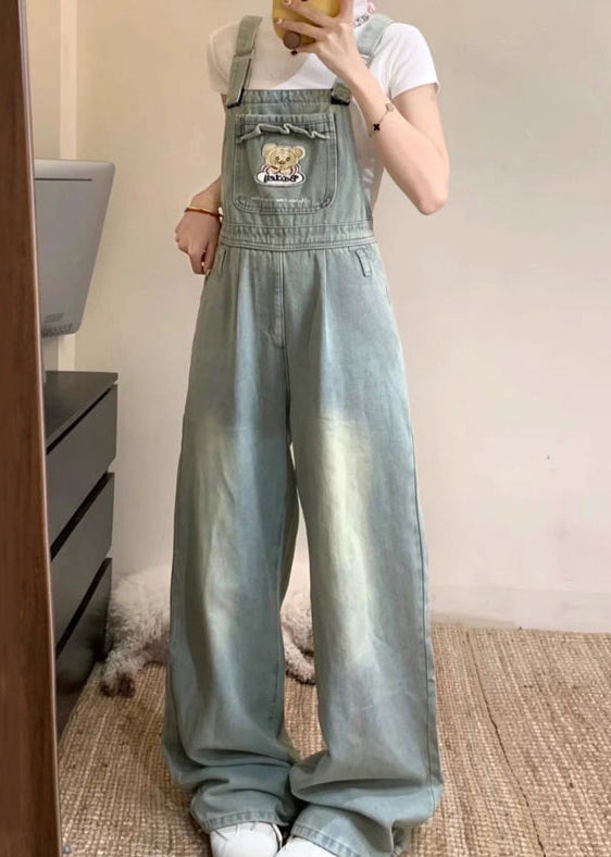 Blue Denim New Sleeveless Pockets Jumpsuit Embroidered