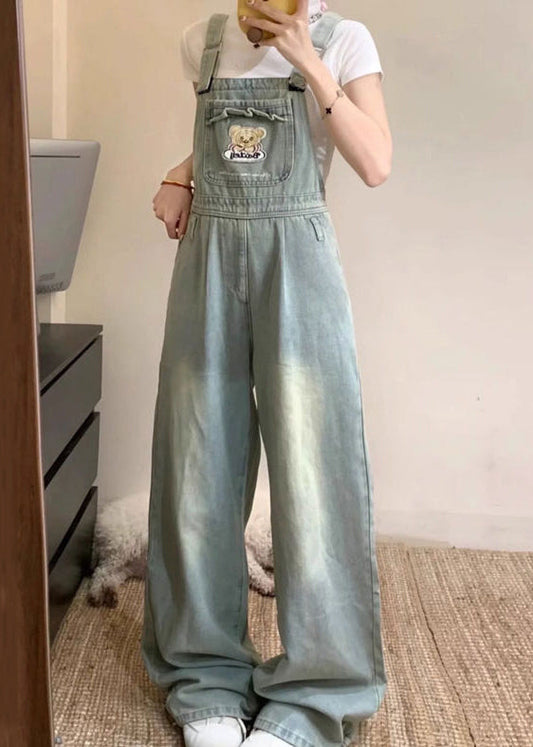 Blue Denim New Sleeveless Pockets Jumpsuit Embroidered