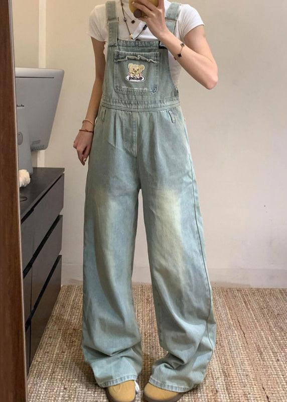 Blue Denim New Sleeveless Pockets Jumpsuit Embroidered
