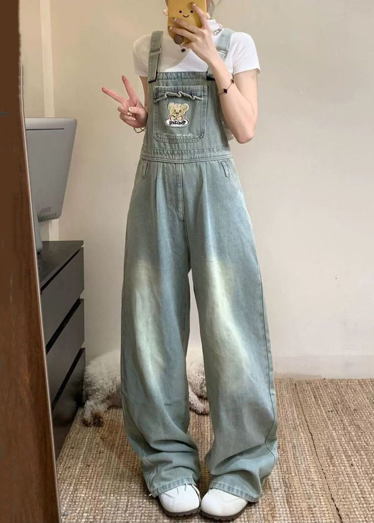 Blue Denim New Sleeveless Pockets Jumpsuit Embroidered