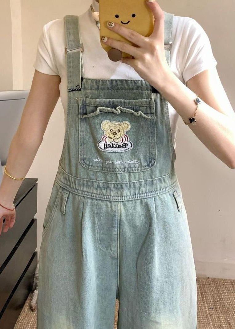 Blue Denim New Sleeveless Pockets Jumpsuit Embroidered