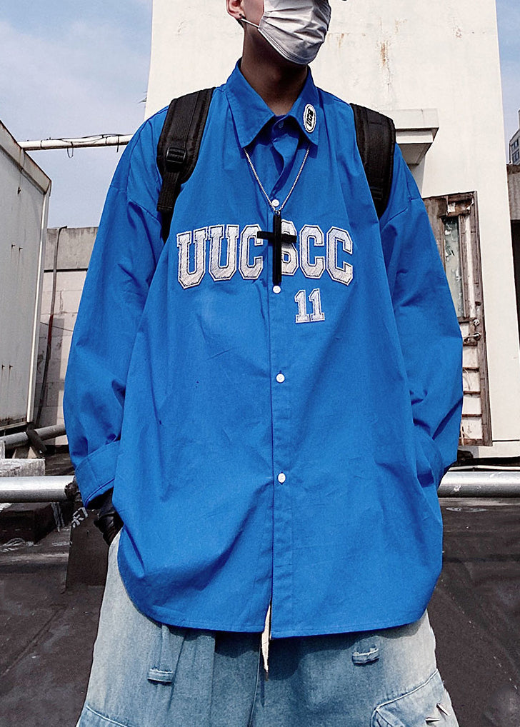 New Oversized Letter Mens Blue Shirts Button Spring Cotton