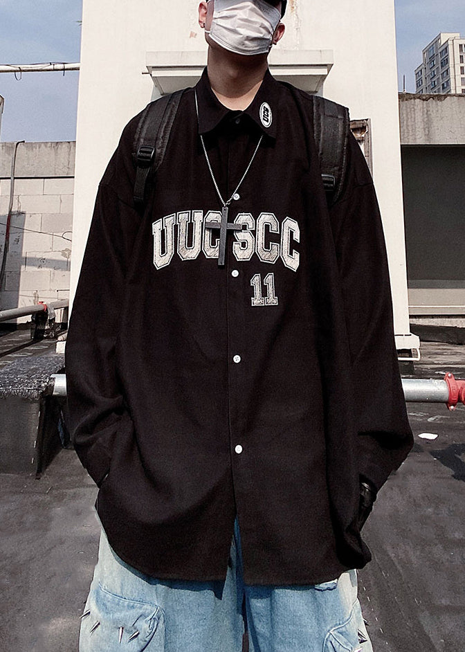 New Oversized Letter Mens Blue Shirts Button Spring Cotton