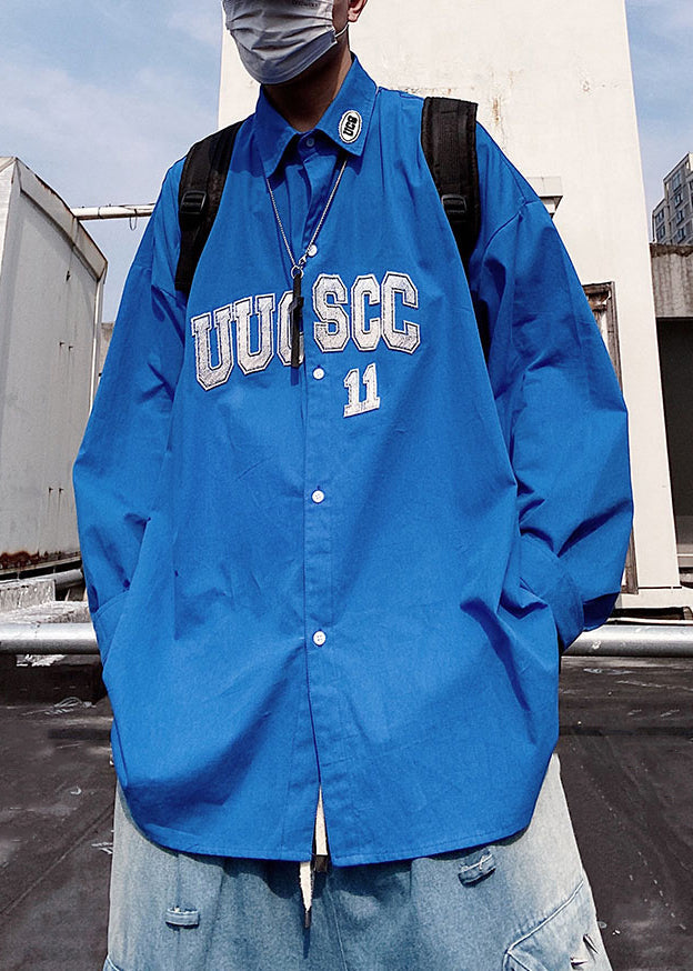 New Oversized Letter Mens Blue Shirts Button Spring Cotton