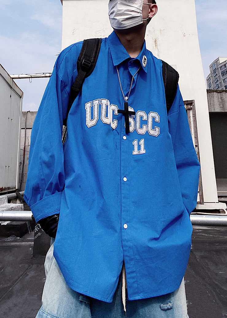 New Oversized Letter Mens Blue Shirts Button Spring Cotton