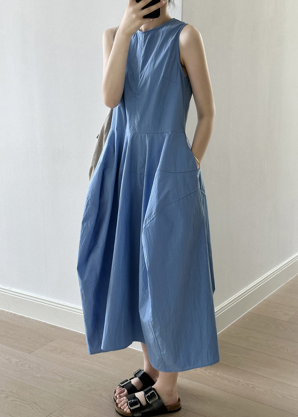 New Blue O-Neck Pockets Cotton Long Dresses Sleeveless QE009