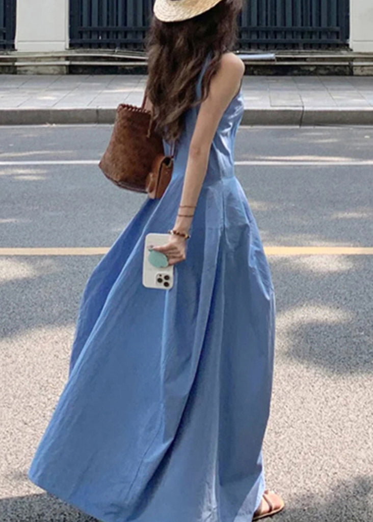 New Blue O Neck Pockets Solid Cotton Long Dress Sleeveless QF049