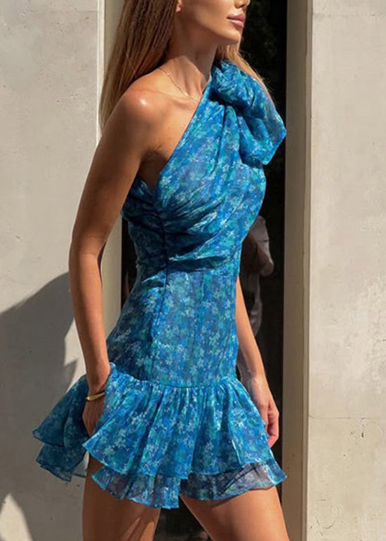 Dress Shoulder Ruffled New Blue Print Summer Chiffon One