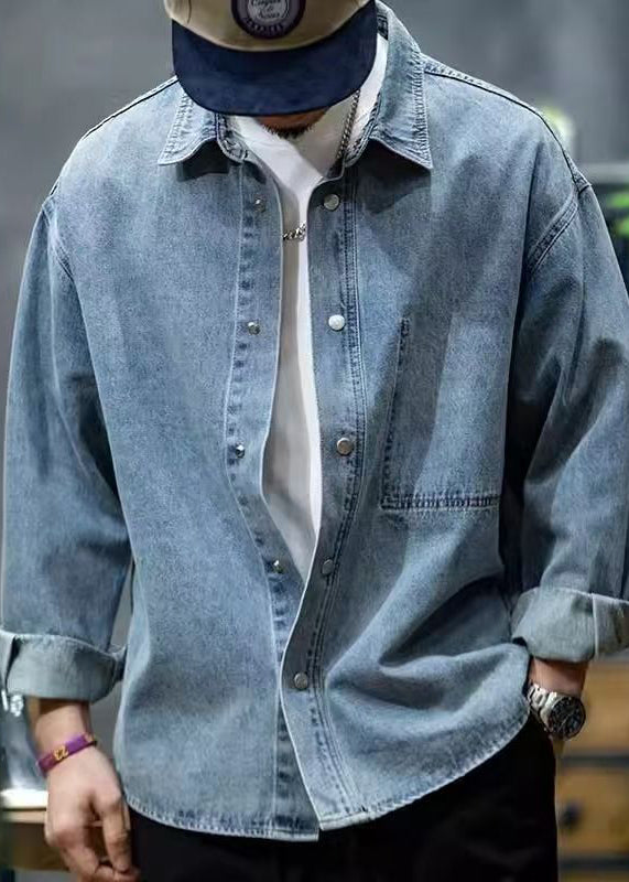 Spring Denim Collar Button Shirt Peter Men Blue New Pan